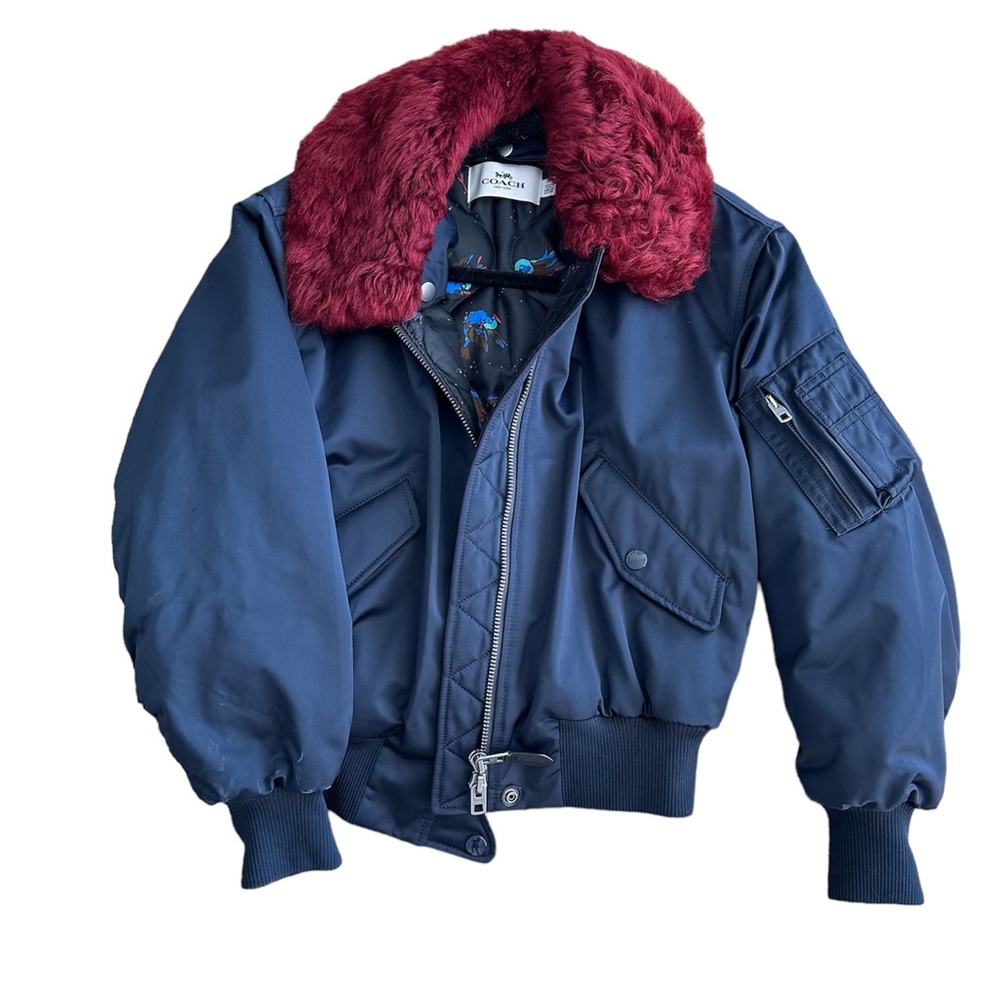 AMAZING Dark Blue Lambskin Trim Coach Bomber Jacket size XS extra small